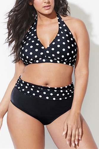 Black White Fashion Sexy V Neck Sleeveless Off The Shoulder Print Plus Size Swimsuit