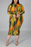 Orange Fashion Casual Plus Size O Neck Long Sleeve Regular Sleeve Print Printed Dress