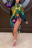 Green and yellow Sexy Long Sleeves O neck Asymmetrical Ankle-Length Print Leopard split Tie and dye chain Dresses