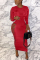 Red Fashion Sexy Regular Sleeve Long Sleeve O Neck Ankle Length Solid Dresses