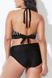 Black Fashion Sexy V Neck Sleeveless Off The Shoulder Patchwork Plus Size Swimsuit
