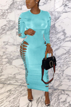 Sky Blue Acetyl fiber Fashion Sexy adult Cap Sleeve Long Sleeves O neck Step Skirt Ankle-Length Patchwork hole Solid hollow out Dresses
