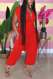 Red Sexy Patchwork Hollow Solid Chemical fiber blend Short Sleeve V Neck Jumpsuits