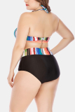 Black Fashion Sexy V Neck Sleeveless Off The Shoulder Print Plus Size Swimsuit
