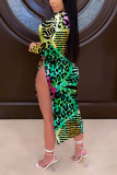 Green and yellow Sexy Long Sleeves O neck Asymmetrical Ankle-Length Print Leopard split Tie and dye chain Dresses