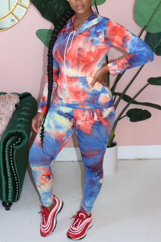 Red Fashion Casual adult Ma'am Tie Dye Two Piece Suits pencil Long Sleeve Two Pieces