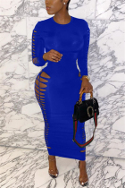 Colorful blue Acetyl fiber Fashion Sexy adult Cap Sleeve Long Sleeves O neck Step Skirt Ankle-Length Patchwork hole Solid hollow out Dresses