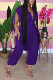 Dark Purple Sexy Patchwork Hollow Solid Chemical fiber blend Short Sleeve V Neck Jumpsuits