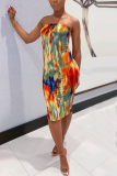 Colorful Sexy Off The Shoulder Sleeveless Strapless Pencil Skirt Knee Length Print Dresses