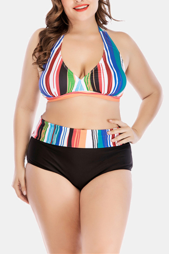 Colorful Fashion Sexy V Neck Sleeveless Off The Shoulder Print Plus Size Swimsuit