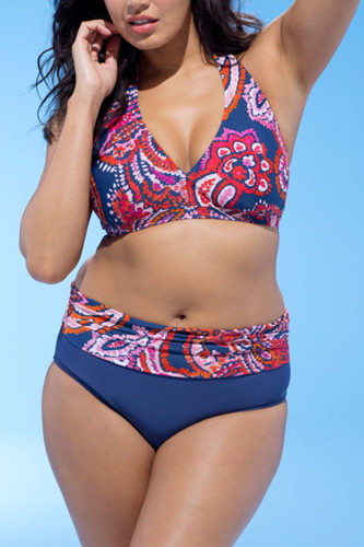 Blue Fashion Sexy V Neck Sleeveless Off The Shoulder Print Plus Size Swimsuit