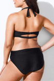 Black Fashion Sexy V Neck Sleeveless Off The Shoulder Print Plus Size Swimsuit