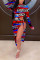 Red and blue Sexy Long Sleeves O neck Asymmetrical Ankle-Length Print Leopard split Tie and dye chain Dresses