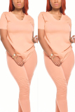 Pink venetian Fashion Casual adult Ma'am Solid Two Piece Suits pencil Short Sleeve Two Pieces