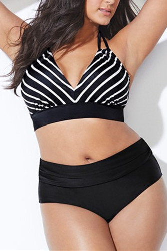 Black Fashion Sexy V Neck Sleeveless Off The Shoulder Patchwork Plus Size Swimsuit
