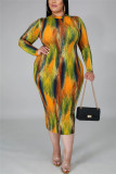 Orange Fashion Casual Plus Size O Neck Long Sleeve Regular Sleeve Print Printed Dress