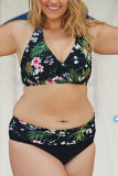 Green Fashion Sexy V Neck Sleeveless Off The Shoulder Print Plus Size Swimsuit