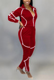 Red Fashion Active adult Ma'am Patchwork Solid Two Piece Suits pencil Long Sleeve Two Pieces