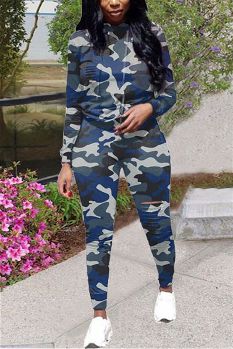 

Blue Fashion Casual Long Sleeve Hooded Collar Regular Sleeve Regular Camouflage Print Two Pieces