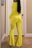 Yellow Elastic Fly Long Sleeve Mid Solid Loose Pants Bottoms