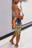 Colorful Sexy Off The Shoulder Sleeveless Strapless Pencil Skirt Knee Length Print Dresses