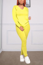 Yellow Fashion Casual Long Sleeve V Neck Regular Sleeve Regular Solid Two Pieces