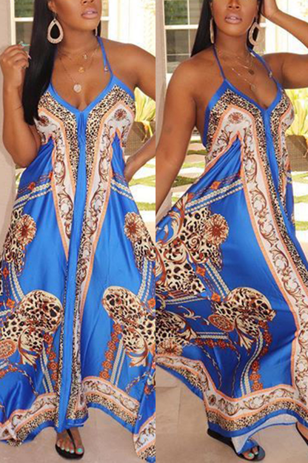 Blue Fashion Sexy Off The Shoulder Sleeveless V Neck Printed Dress Floor Length Print Dresses
