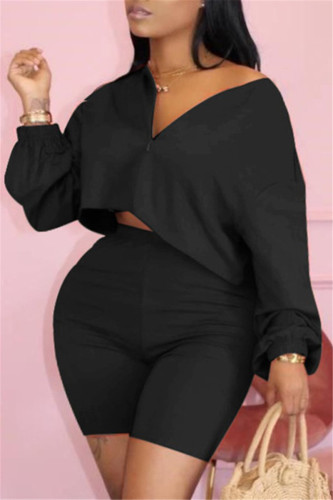 Black Fashion adult Ma'am Street O Neck Solid Two Piece Suits Stitching Plus Size