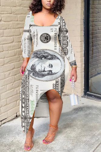 White OL Long Sleeves One word collar Asymmetrical Ankle-Length Print Dresses
