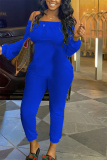 Blue Fashion Casual Solid Long Sleeve one word collar Jumpsuits