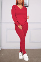 Red Fashion Casual Long Sleeve V Neck Regular Sleeve Regular Solid Two Pieces