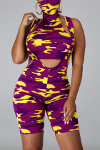 Purple Fashion Sexy Sleeveless Scarf Collar Off The Shoulder Short Camouflage Print Two Pieces