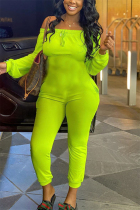 Fluorescent green Fashion Casual Solid Long Sleeve one word collar Jumpsuits