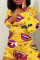 Yellow Fashion adult Ma'am Sweet O Neck Print Two Piece Suits Pattern Plus Size