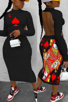 Black Fashion Sexy adult Ma'am Cap Sleeve Long Sleeves O neck Step Skirt Mid-Calf Print backless Dresses