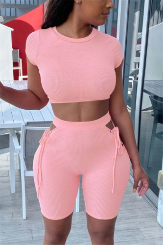 Pink Fashion Sexy adult Ma'am Solid Two Piece Suits Straight Short Sleeve Two Pieces