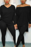 Black Casual Solid pencil Long Sleeve Two Pieces