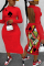 Red Fashion Sexy adult Ma'am Cap Sleeve Long Sleeves O neck Step Skirt Mid-Calf Print backless Dresses