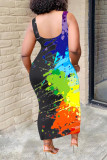 Black Rainbow Color Sexy Casual Sleeveless O neck Bodycorn Asymmetrical Print asymmetrical Long Vest Dresses