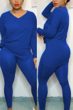 Blue Casual Solid pencil Long Sleeve Two Pieces