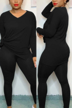 Black Fashion Casual Long Sleeve V Neck Regular Sleeve Regular Solid Two Pieces