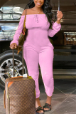 Pink Fashion Casual Solid Long Sleeve one word collar Jumpsuits