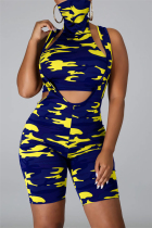 Blue Yellow Fashion Sexy Sleeveless Scarf Collar Off The Shoulder Short Camouflage Print Two Pieces