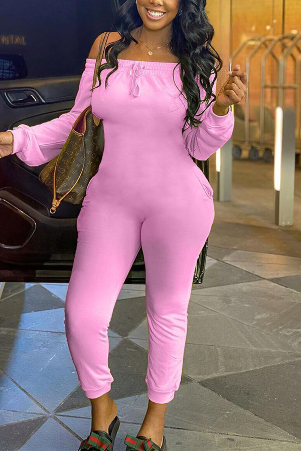 Pink Fashion Casual Solid Long Sleeve one word collar Jumpsuits