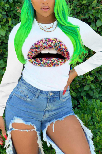 White Fashion Casual O Neck Short Sleeve Regular Sleeve Regular Lips Printed Tops