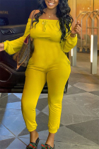 Yellow Fashion Casual Bateau Neck Long Sleeve Regular Sleeve Regular Solid Jumpsuits