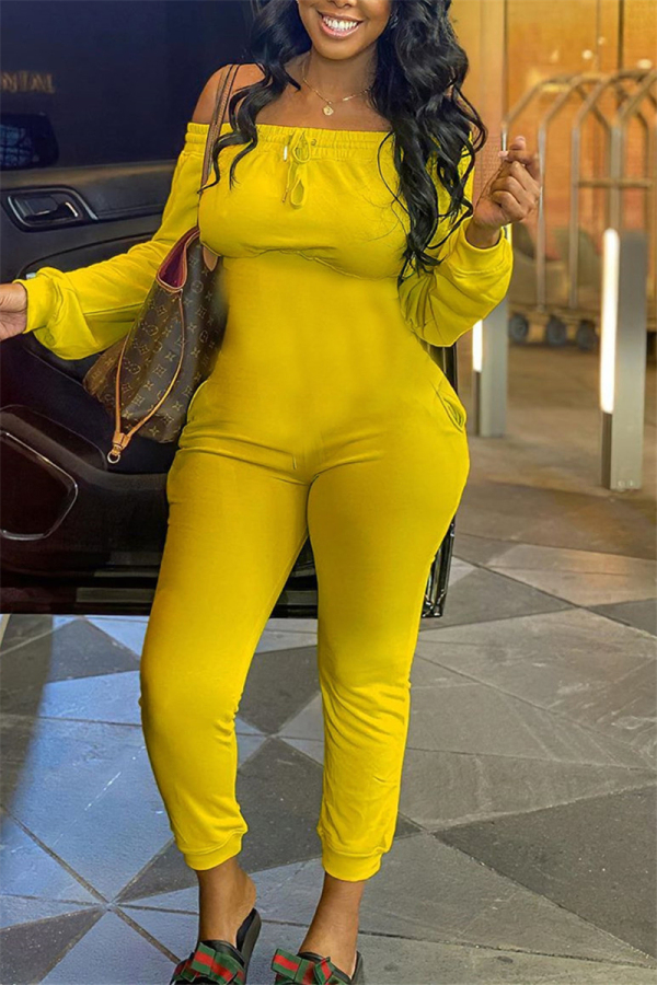 Yellow Fashion Casual Solid Long Sleeve one word collar Jumpsuits