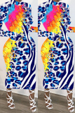 Brown Street Long Sleeves half high collar Step Skirt Mid-Calf Print Leopard Dresses