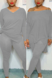 Grey Casual Solid pencil Long Sleeve Two Pieces