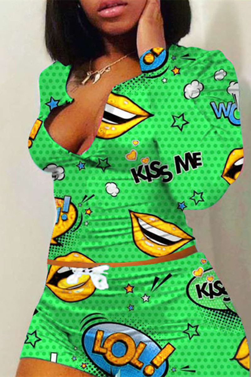 

Green Fashion adult Ma'am Sweet O Neck Print Two Piece Suits Pattern Plus Size